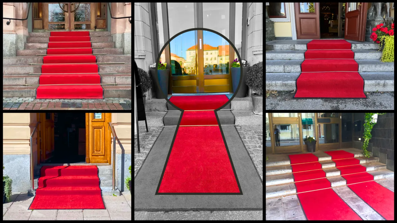 A photo collage of five inaccessible entrances with a red carpet leading straight to a staircase – no ramp, no alternative, just stairs.