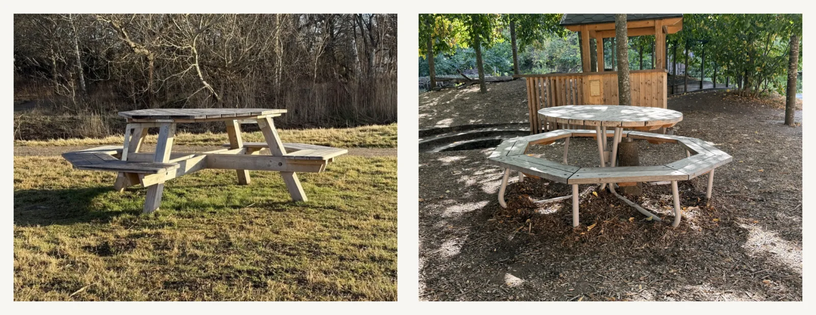 Two photos side by side. Left: a wooden bench circling a table in a park, with two open gaps in the circle. Right: a similar round table ringed by a bench that is closed the whole way round, with no gap anywhere.