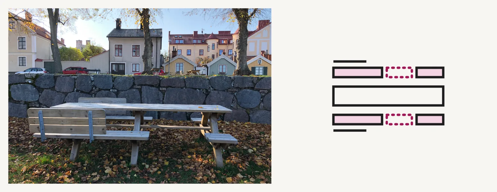 Photo and diagram. The photo shows a long wooden table below a stone wall in Kalmar, with bench sections with and without backrests and two open places facing each other near the middle. The diagram shows the same table from above, with the open places dotted.